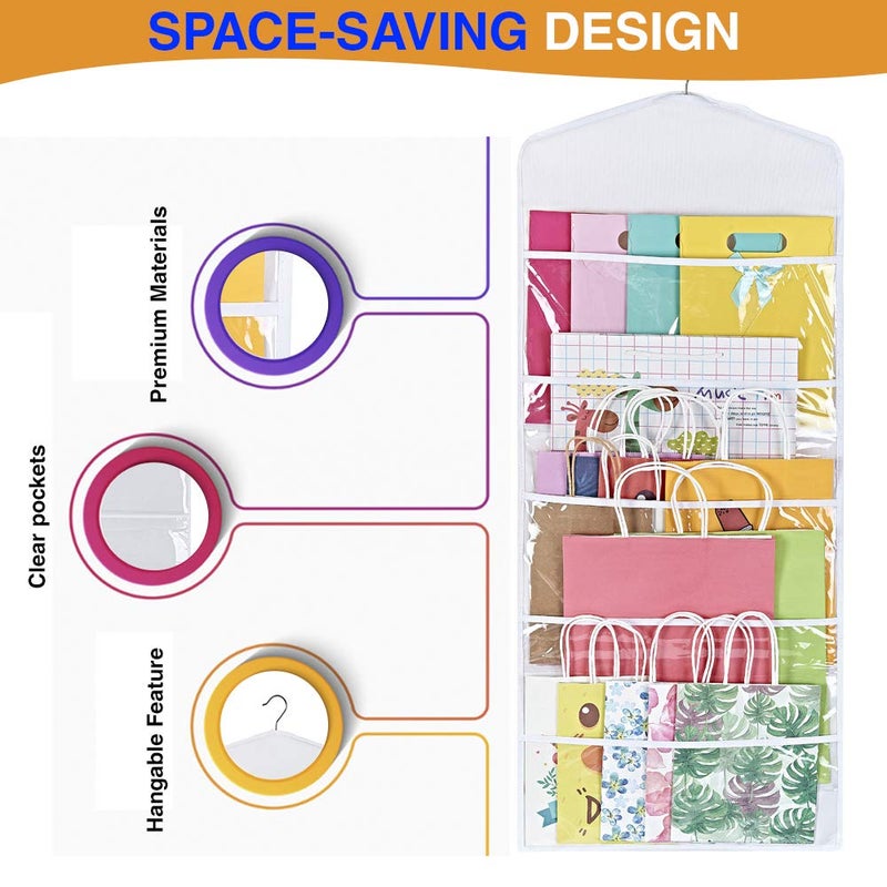ProPik Hanging Double Sided Gift Bag Storage Organizer with Multiple Front and Back Pockets - Organize Your Gift Wrap, Tissue Paper, and Paper Bags 38 x 16 Inch PVC (White) - Image 3